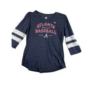 Majestic Atlanta Braves Women's Baseball T-Shirt Large Navy Striped Sleeves